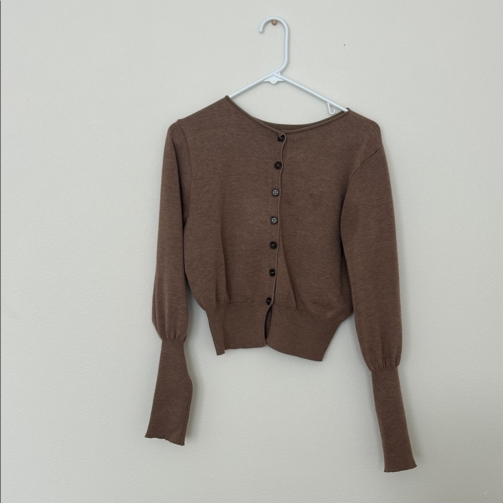 Brown Button-Back Cropped Cardigan